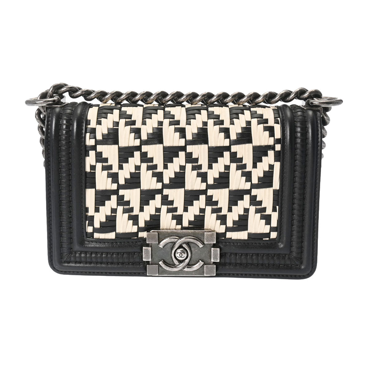 CHANEL シャネル ボーイシャネル チェーンショルダー 20cm 黒/白 レディース カーフ ショルダーバッグ ABランク 中古 