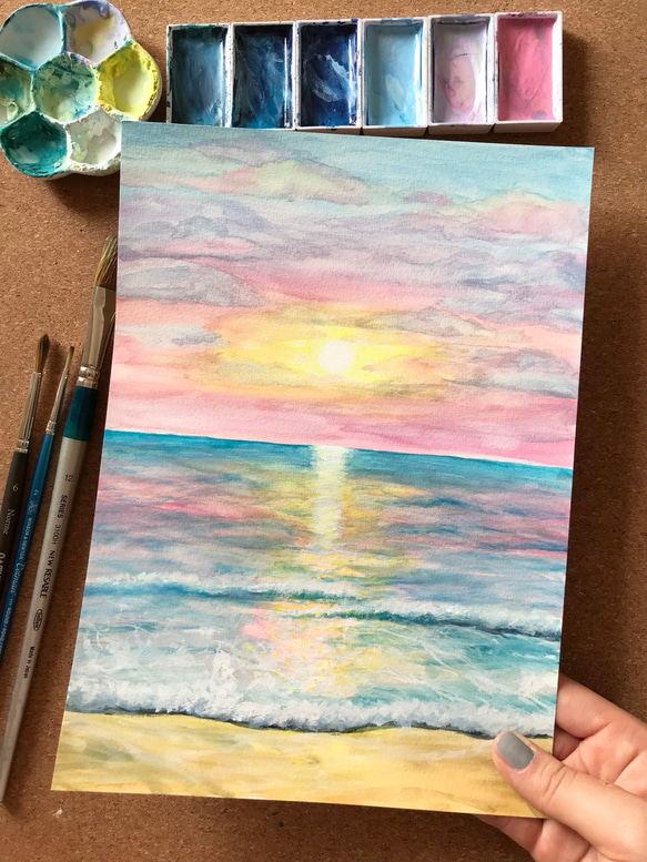 ORIGINAL PAINTING - pink sky, ocean, 原画, オリジナルアート, 海の絵