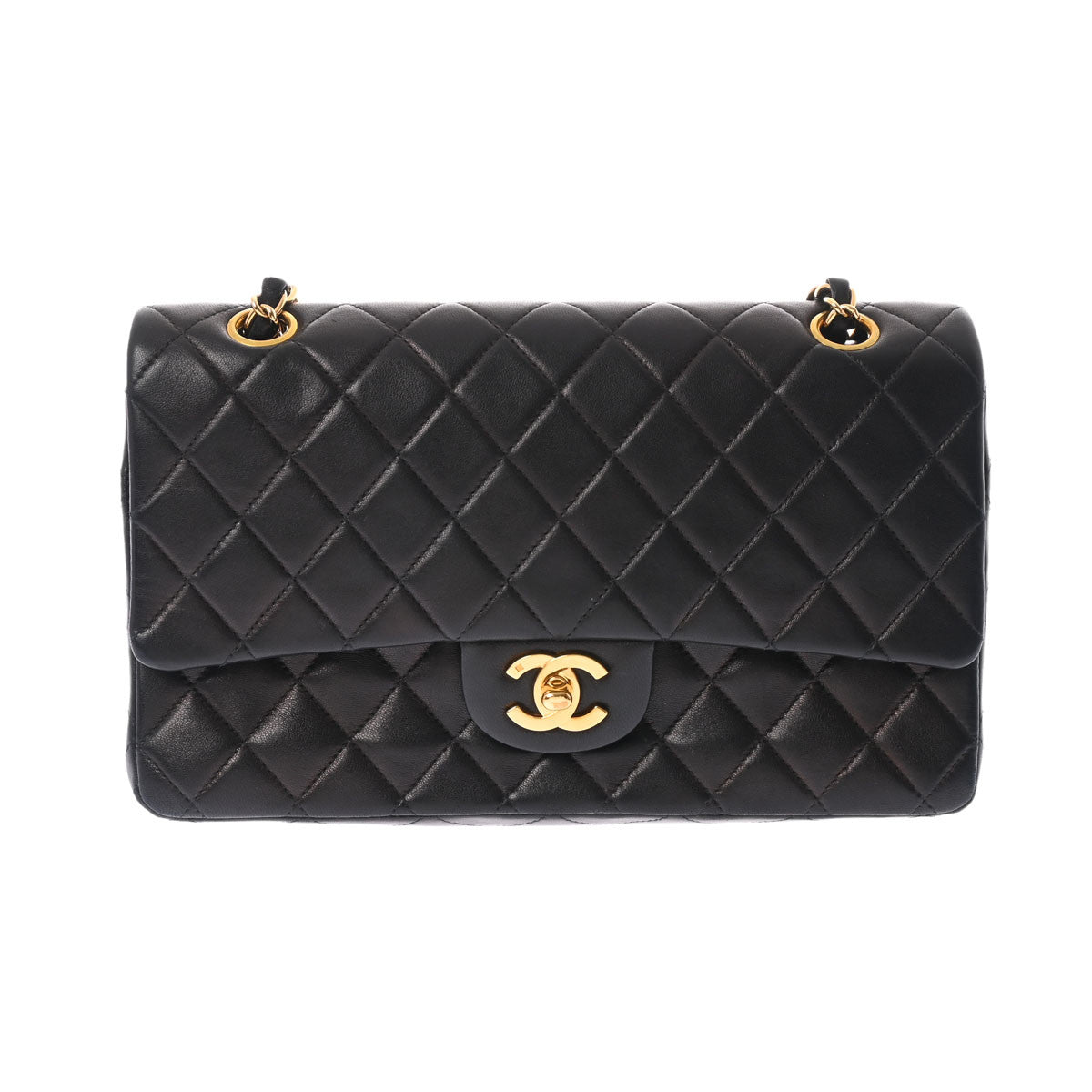 CHANEL シャネル マトラッセ WフラップWチェーン ショルダー 25 黒 ゴールド金具 A01112 レディース ラムスキン ショルダーバッグ Bランク 中古 