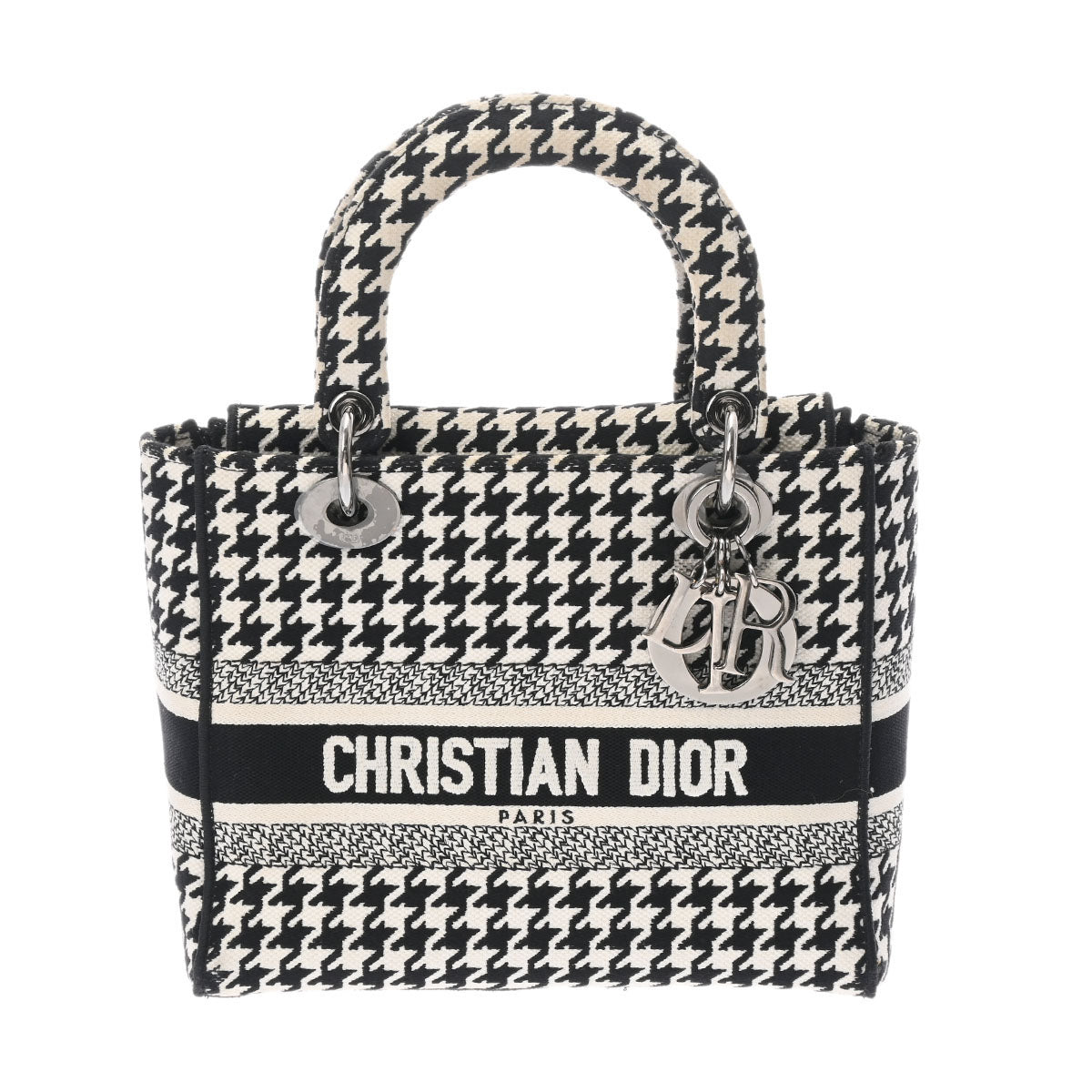 CHRISTIAN DIOR クリスチャンディオール LADY D-LITE ミディアム ブラック/ホワイト シルバー金具 M0565OZAE レディース ハウンドトゥース エンブロイダリー ハンドバッグ Aランク 中古 