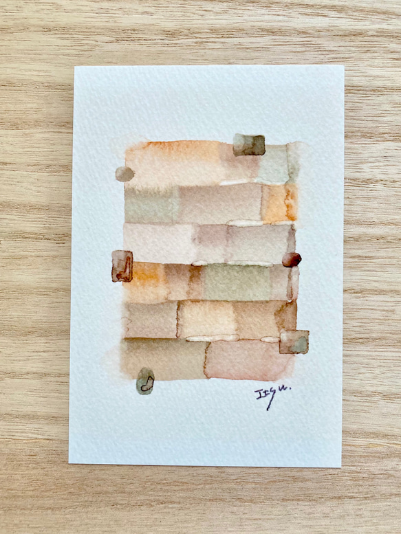 透明水彩画3枚セット　にじみ絵「いろいろ四角 その5」 北欧イラストポストカード　抽象画