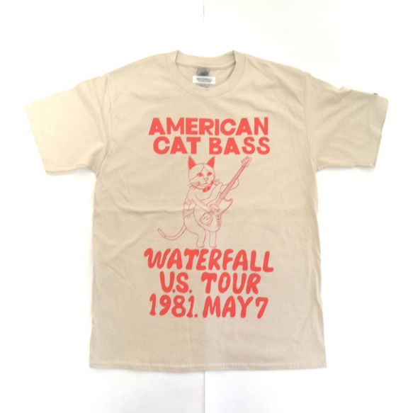 猫ツアーT「猫ベース」（レコードワッペン）　サンド　Lサイズ　WATERFALLオリジナル　生産数量限定品