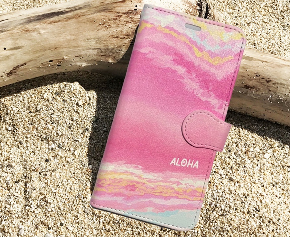 【カメラホール付】iPhone/Android 名入れ♪THE OCEAN★手帳型スマホケース SUNSET PINK