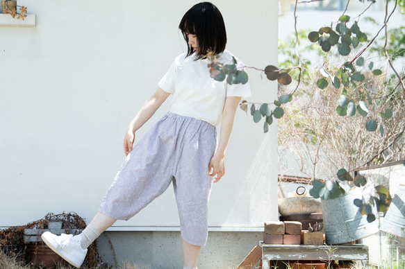 Organic Cotton ゆったり７分丈パンツ　ラベンダー染め【葉模様生地】