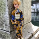 068リカちゃん ブライス　ハンドメイド  服　浴衣　帯　マスタード　花柄