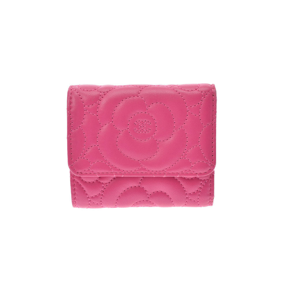 CHANEL シャネル カメリア コンパクト財布 ピンク レディース カーフ 三つ折り財布 Aランク 中古 