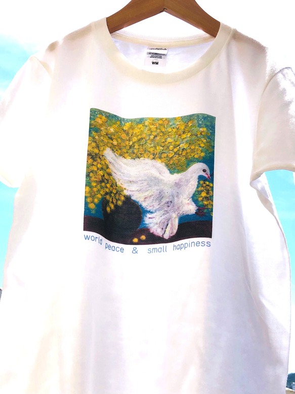 Tシャツ　ミモザ　爽やか　ブルー　グリーン　鳩　羽　翼　鳥好きさんへ　光の絵　ヒーリングアート