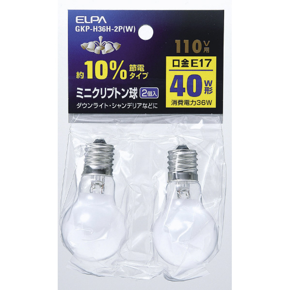 エルパ ミニクリプトン球 E17口金 40W形(36W) 2個入り ホワイト GKP-H36H-2PW