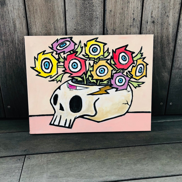 168 ☆SALE Untitled ( skull vase with flowers/ pink and beige