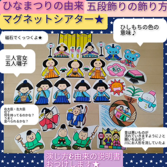 演じ方&由来の説明書つき　ひなまつりの由来のお話　五段飾りの飾り方　磁石でペタリ★マグネットシアター