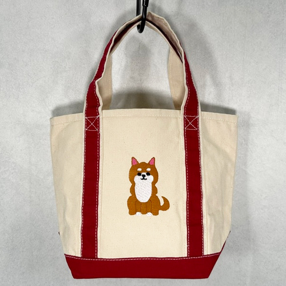 【送料無料】柴犬の刺繍の外ポケット付き キャンバスバイカラーミニトートバッグ＜ナチュラル×レッド＞