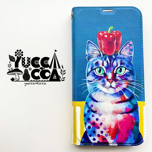 猫絵「アメリカンショートヘア＆パプリカ」帯ナシ手帳型スマホケース　iPhone