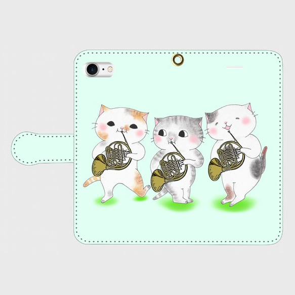 (iPhone用)ホルン３匹ねこ手帳型スマホケース【楽器ねこシリーズ】