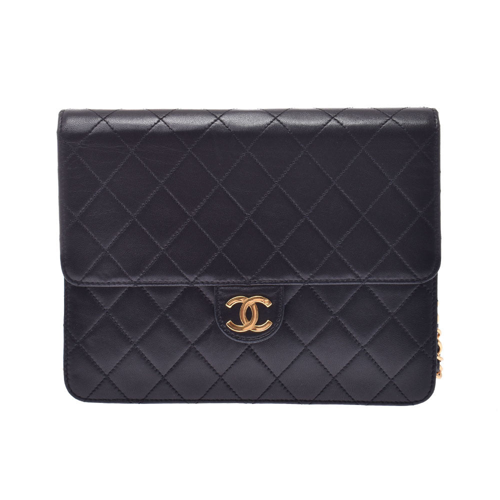 CHANEL シャネルチェーンショルダー プッシュロック シングルフラップ  14143 黒×ゴールド金具 レディース ラムスキン ショルダーバッグ  中古