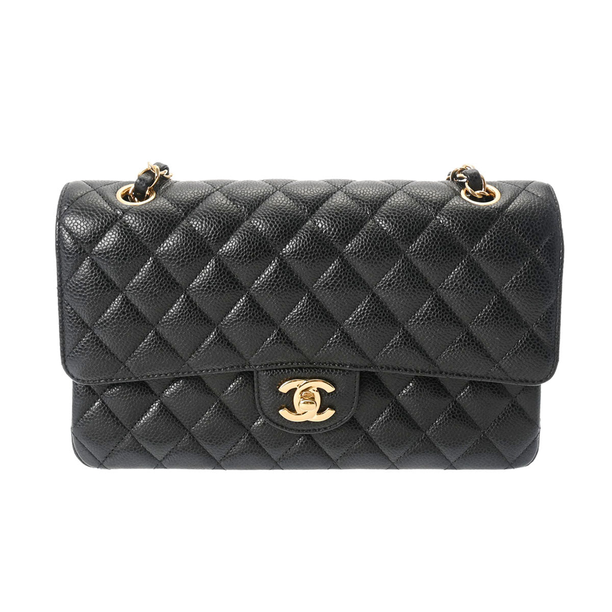 CHANEL シャネル マトラッセ チェーンショルダー 25cm Wフラップ 黒 ゴールド金具 A01112 レディース キャビアスキン ショルダーバッグ Aランク 中古 