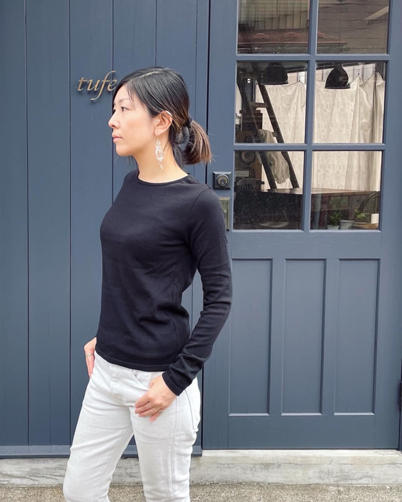 feather cotton®︎クルーネック薄手天竺knit tops / ブラック