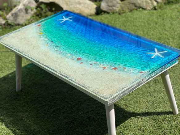 センターテーブル エメラルドグリーンの海　スターフィッシュと波打ち際のシェル　海　ガラス　SEA  table