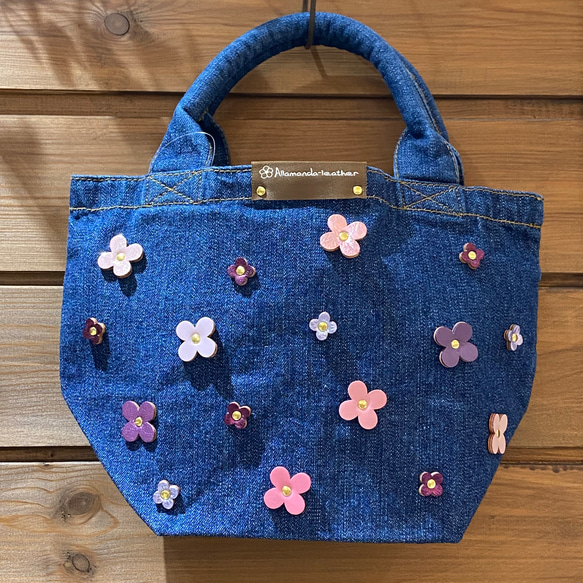 【限定価格￥3,960→￥2,970】No.844デニムランチバッグ(花色ピンクパープル)