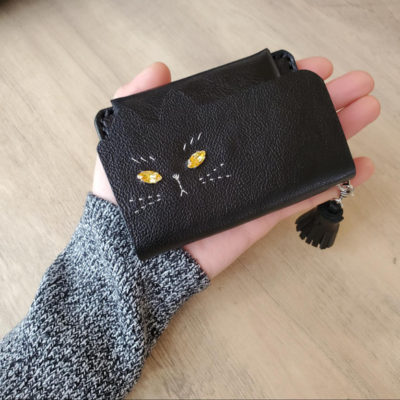 【受注制作】ねこのお顔 jewelryver.カードポケット付きコインケース　黒猫 牛ソフトヌメ革（金具：シルバカラー）