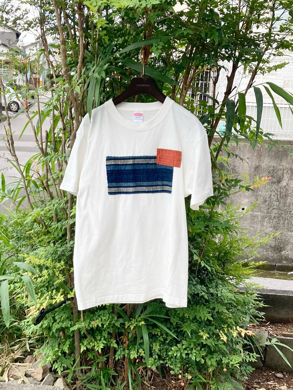 621 size M 襤褸　tシャツ 古布　リメイク　ヴィンテージ　藍染　藍染め　パッチワーク　刺し子　刺子　オリジナル