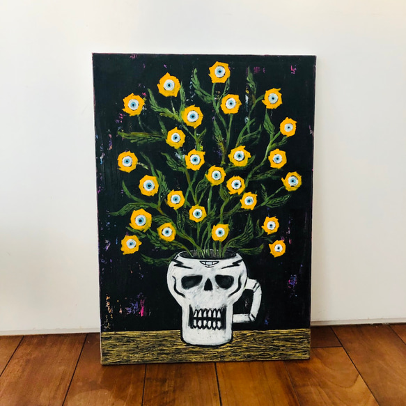 114 ☆SALE Untitled ( skull vase with yellow flowers  )