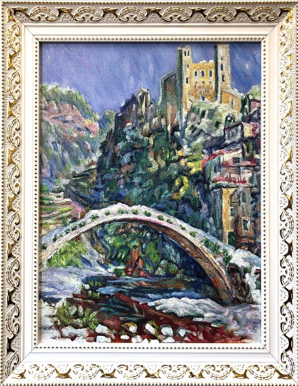 油絵 風景画『Landscape with a bridge』肉筆１点物 橋 癒し インテリア A2.19-C7