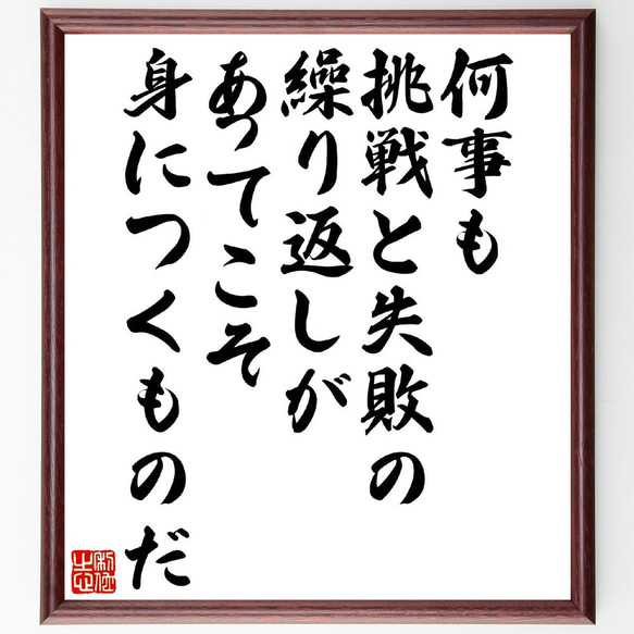 名言「何事も挑戦と失敗の繰り返しがあってこそ、身につくものだ」額付き書道色紙／受注後直筆（V1280）