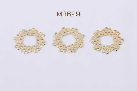 M3629 30個 高品質透かしパーツ 花輪 15×15mm ゴールド 3X【10ヶ】