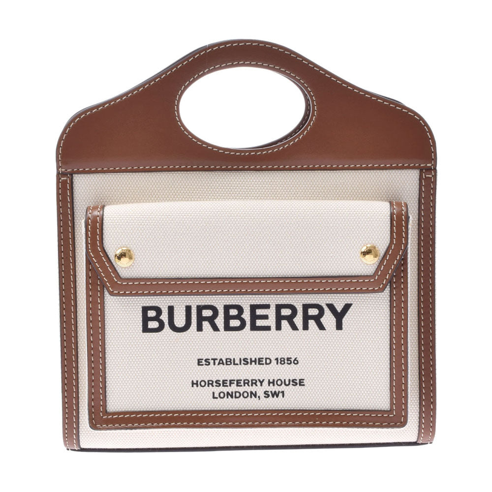 BURBERRY バーバリー ミニツートン ポケットバッグ 2WAY モルトブラウン/アイボリー系 レディース キャンバス レザー ハンドバッグ Aランク 中古 