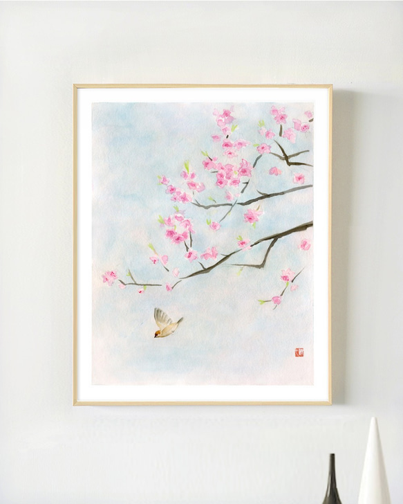 手描き 水彩 桜 鳥 ポスター アート 絵画 室内装飾 絵画 版画 引っ越し 新居 完成