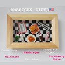 アメリカンダイナー????ハンバーガー・ミルクシェイクとメープルシロップパンケーキのショーケース風ミニチュアセット????withメロンソーダ・チョコレートシェイク・ストロベリーシェイク