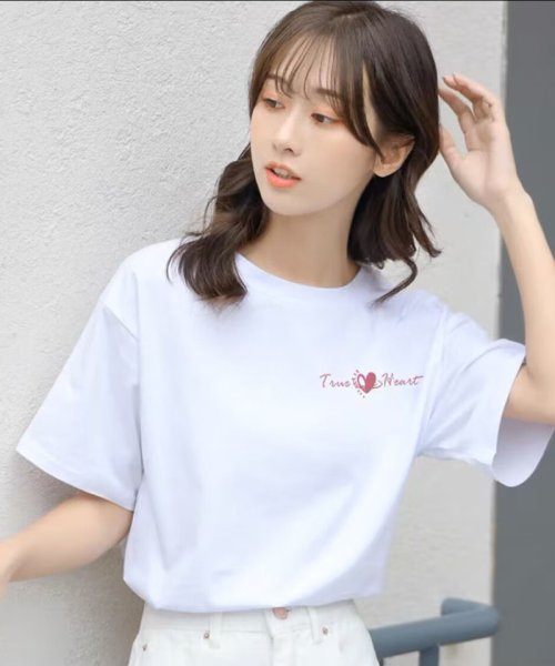 夏服 tシャツ ハート 半袖 カラーtシャツ 丸首 スポーツ カジュアル おしゃれ シンプル 体型カバー ホワイト