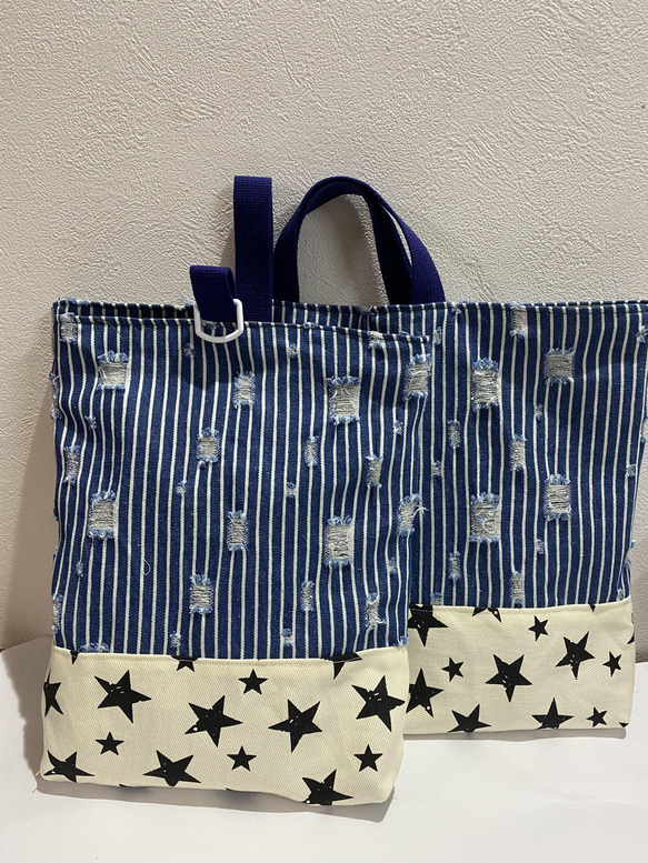 ハンドメイド☆レッスンバック&上履き入れ☆クラッシックストライプ×ブラックスター