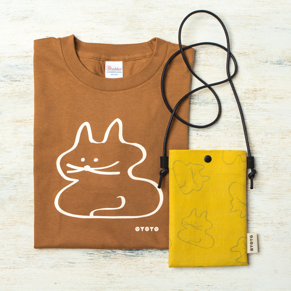 Tシャツ＆スマホポシェットSET＊koubako-neko ねこ柄Tシャツ(キャメル)＆スマホショルダー(マスタード)