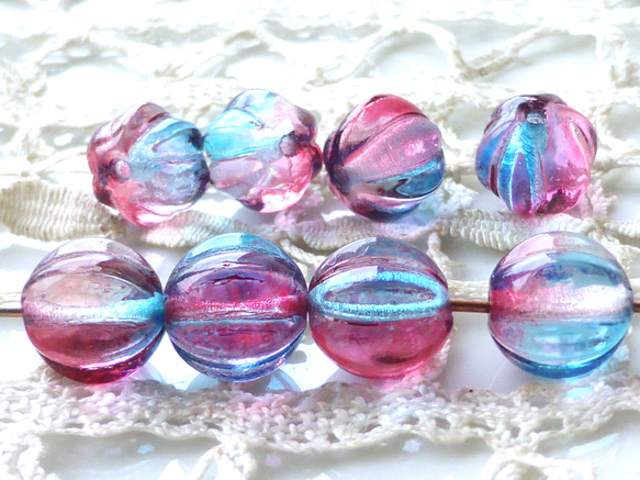 メロン　ピンク水色　チェコビーズCzech Glass Beads8個