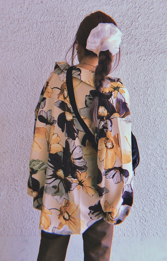 Watercolor Flower Sheer Big Shirts (beige) 長袖ブラウス ベージュ 薄茶