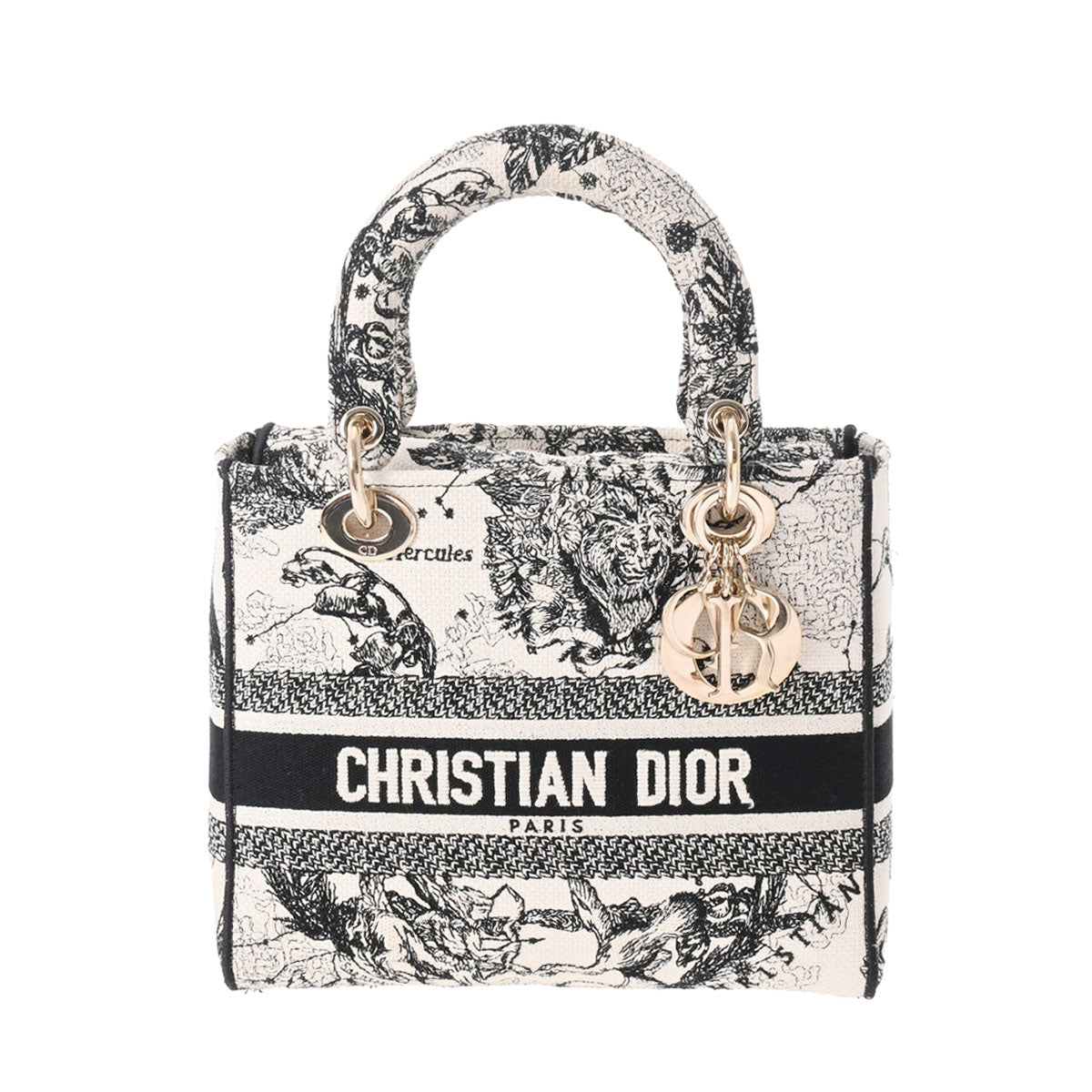 CHRISTIAN DIOR クリスチャンディオール D-LITE ミディアム エンブロイダリー 白/黒 ゴールド金具 レディース キャンバス ハンドバッグ Aランク 中古 