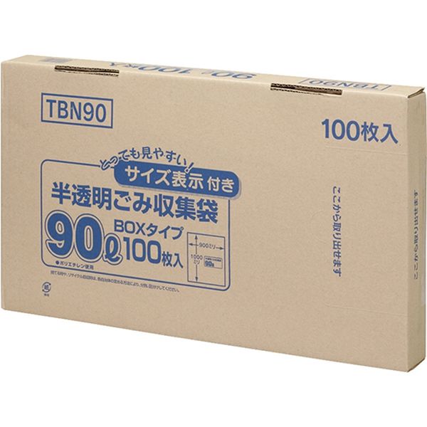 ジャパックス 容量表示入ポリ袋 90L 100枚BOX 白半透明 厚み0.025mm 4BOX入