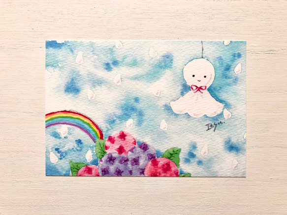 3枚セット「てるてる坊主」水彩画イラストポストカード　紫陽花　あじさい　梅雨　母の日　父の日