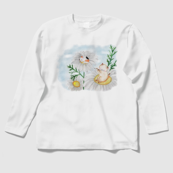 フルート猫の長袖Ｔシャツ(マーガレット/白)