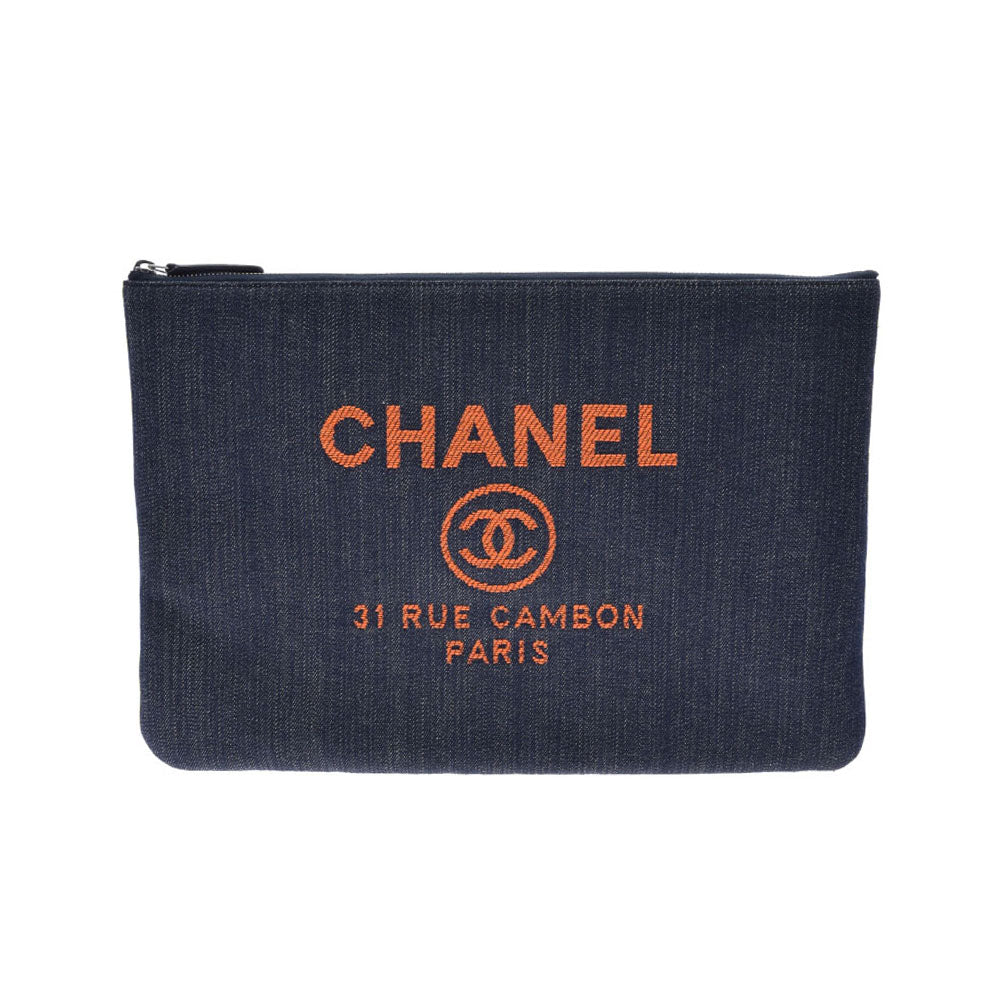 CHANEL シャネル ドーヴィル ネイビー/オレンジ シルバー金具 A80117 ユニセックス デニム クラッチバッグ Aランク 中古 