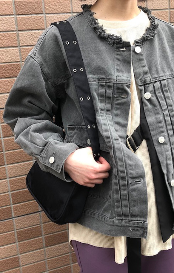 No-Collar Oversized Denim Jacket（Black） ブラック 黒 ストリート