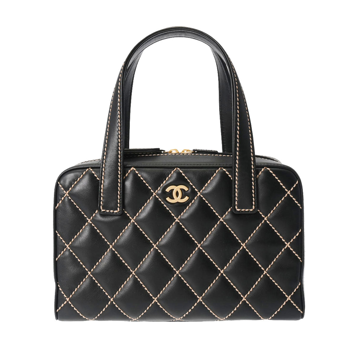 CHANEL シャネル ワイルドステッチ ボストン 黒 ゴールド金具 レディース レザー ハンドバッグ Aランク 中古 