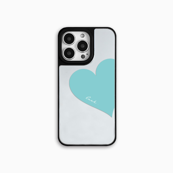 Big Heart♡ターコイズブルー　鏡　耐久性グリップミラーケース　iPhoneケース　文字入れ