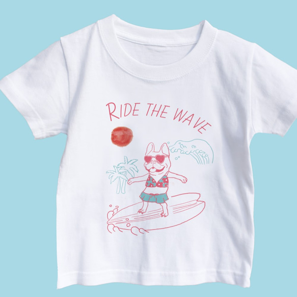 KIDSサイズ　ガールサーフィンTシャツ　フレンチブルドッグ　旅行　お出かけ T　海　リラックス　親子コーデ　リンクコ