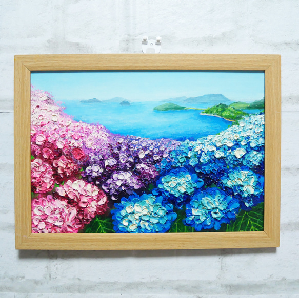 油絵 絵画【海と紫陽花】