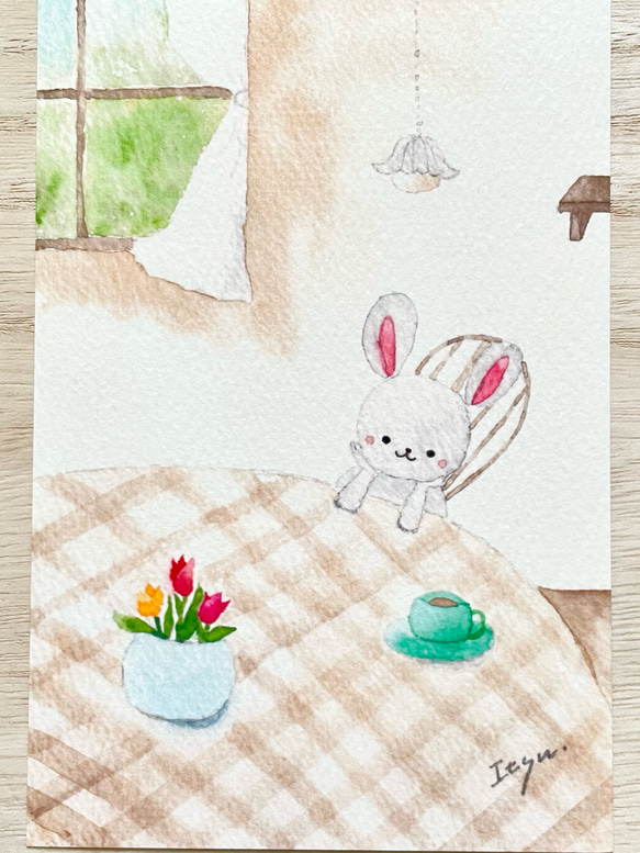 透明水彩画　3枚セット「チューリップの季節」ポストカード　イラスト　うさぎ　ウサギ　バレンタイン　入園入学　バースデー