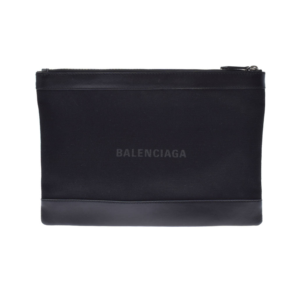 BALENCIAGA バレンシアガ ネイビークリップM 黒 373834 ユニセックス キャンバス カーフ クラッチバッグ ABランク 中古 