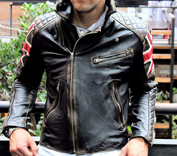 ヤギ革ヴィンテージライダージャケット Goat Leather Vintage Jacket with UK Flag