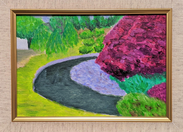 紫、庭園　　額装　油彩画原画